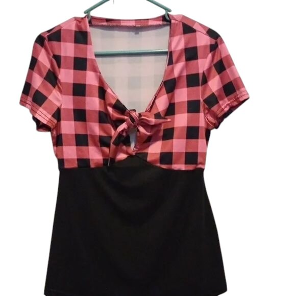 Chic Pink Black Checkered Blouse Women’s Medium Casual Button Up Top - Picture 1 of 7